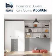 Dormitorio juvenil formado por cama abatible con estantería superior y armario