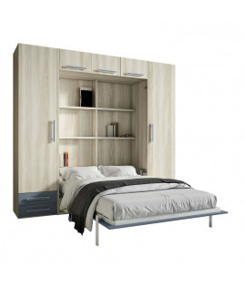 Dormitorio juvenil formado por cama abatible vertical matrimonial con altillo y armarios a los lados