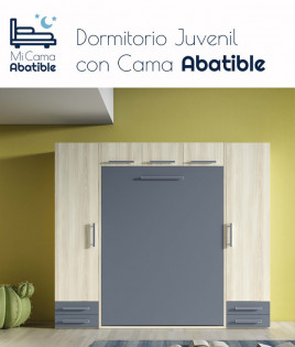 Dormitorio juvenil formado por cama abatible vertical matrimonial con altillo y armarios a los lados