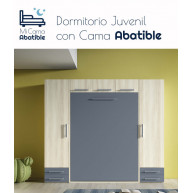 Dormitorio juvenil formado por cama abatible vertical matrimonial con altillo y armarios a los lados