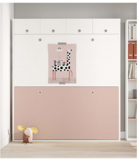 Dormitorio juvenil formado por litera abatible con altillo, estantería y escritorio