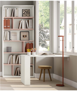 Dormitorio juvenil formado por litera abatible con altillo, estantería y escritorio