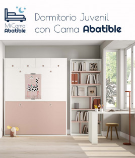 Dormitorio juvenil formado por litera abatible con altillo, estantería y escritorio