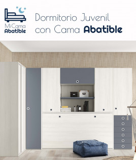 Dormitorio juvenil formado por cama abatible con armario superior y armario rincón