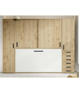 Dormitorio juvenil formado por cama abatible con armario superior y armarios a los lados