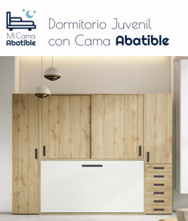 Dormitorio juvenil formado por cama abatible con armario superior y armarios a los lados