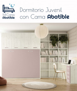 Dormitorio juvenil formado por cama abatible con armario superior, librería y escritorio