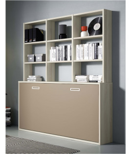 Dormitorio juvenil formado por cama abatible con estantería superior y módulos de salón