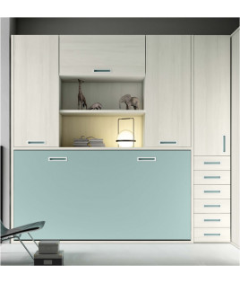 Dormitorio juvenil formado por cama abatible con armario superior y armario rincón