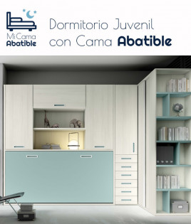 Dormitorio juvenil formado por cama abatible con armario superior y armario rincón