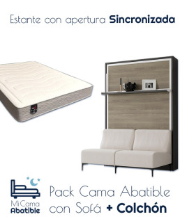 Pack Cama Abatible Vertical con Sofá, Estante Sincronizado y Colchón