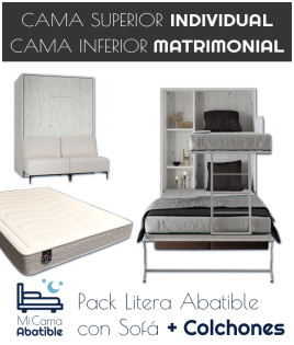 Pack Litera Abatible Vertical Matrimonial con Sofá y Colchones