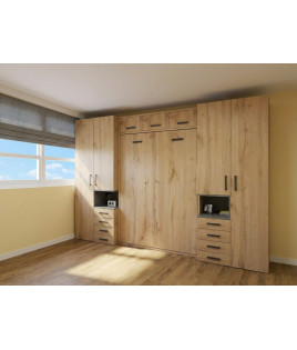 Dormitorio juvenil con cama abatible matrimonial con altillo y armarios a los lados