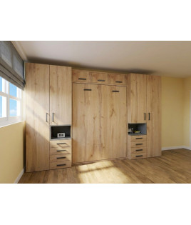 Dormitorio juvenil con cama abatible matrimonial con altillo y armarios a los lados