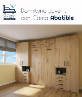 Dormitorio juvenil con cama abatible matrimonial con altillo y armarios a los lados