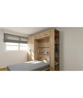 Dormitorio juvenil formado por cama abatible matrimonial con altillo, armario y módulo terminal con estantes