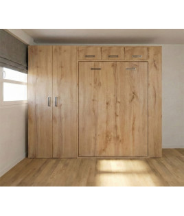 Dormitorio juvenil formado por cama abatible matrimonial con altillo, armario y módulo terminal con estantes