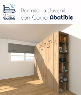 Dormitorio juvenil formado por cama abatible matrimonial con altillo, armario y módulo terminal con estantes