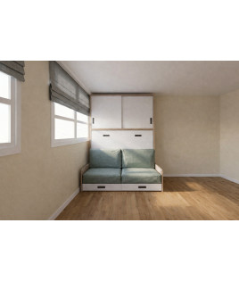 Cama Abatible Horizontal con Sofá y Armario de puertas correderas