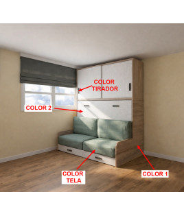 Cama Abatible Horizontal con Sofá y Armario de puertas correderas